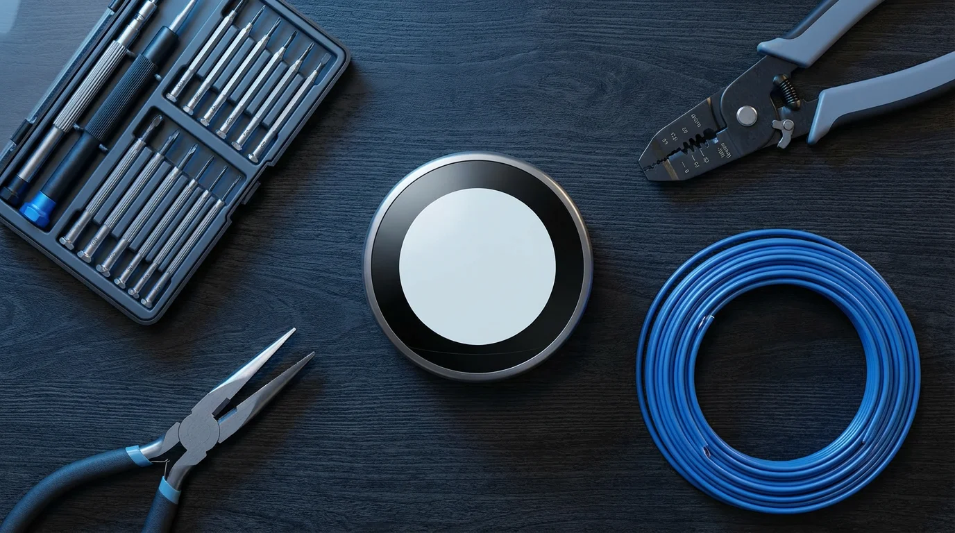 Flat lay of tools for a smart thermostat installation, including pliers, wire, and screwdrivers.