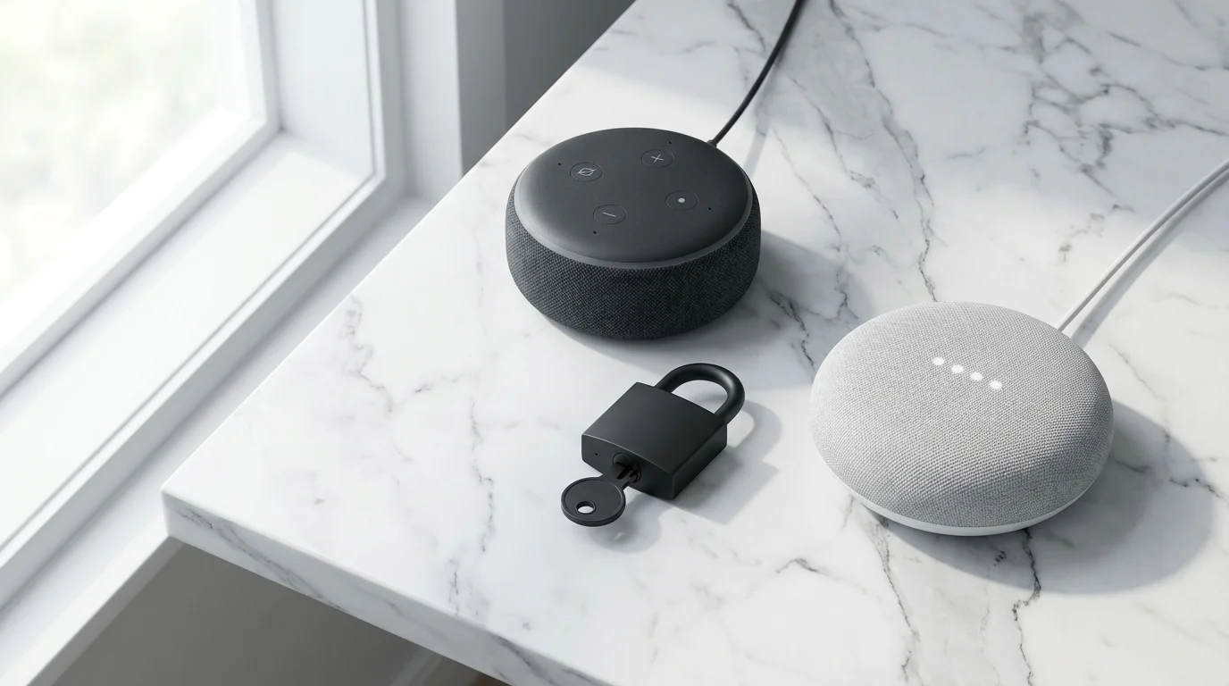 Flat lay of two smart speakers on a marble surface with a padlock and key.