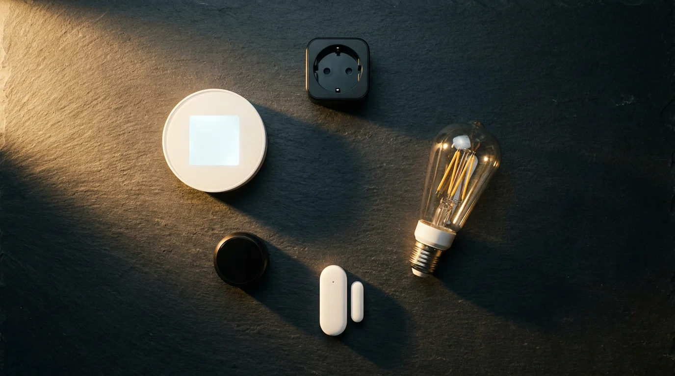 Flat lay of various smart home devices arranged in a circle on a slate surface.