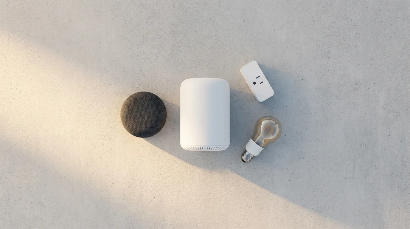 Flat lay of various unbranded smart home devices on a concrete surface during golden hour.