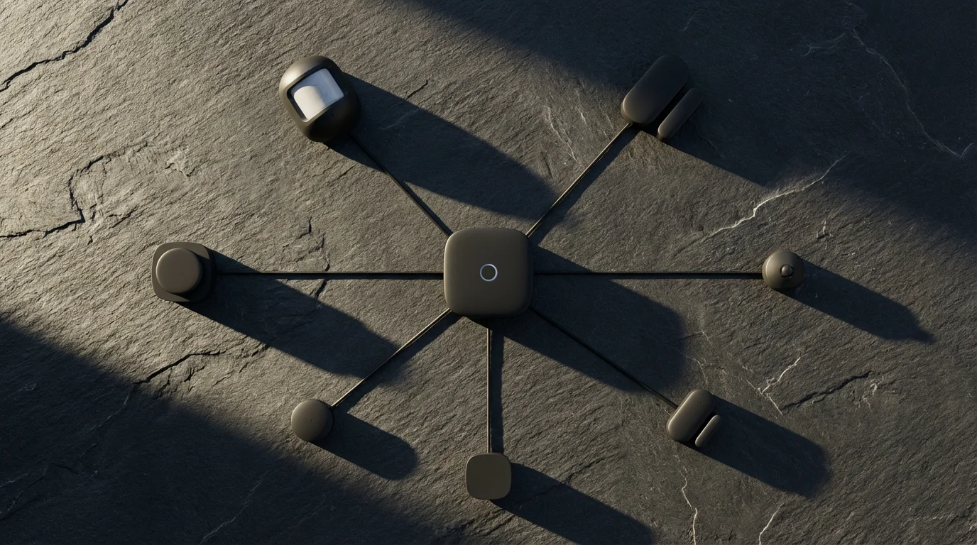 Flat lay of Zigbee smart home devices on a dark surface with long shadows.