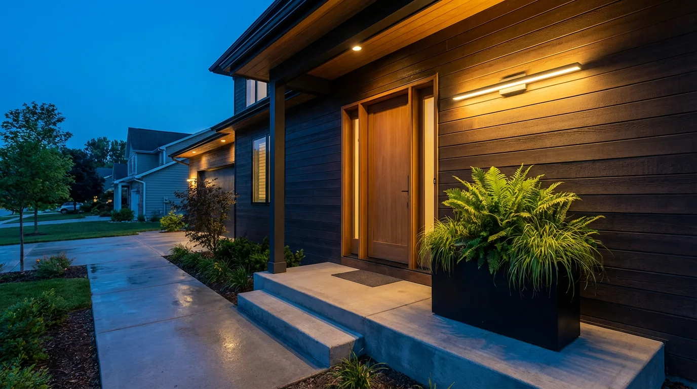 Front porch of a modern home with a warm, automated smart light on at dusk.