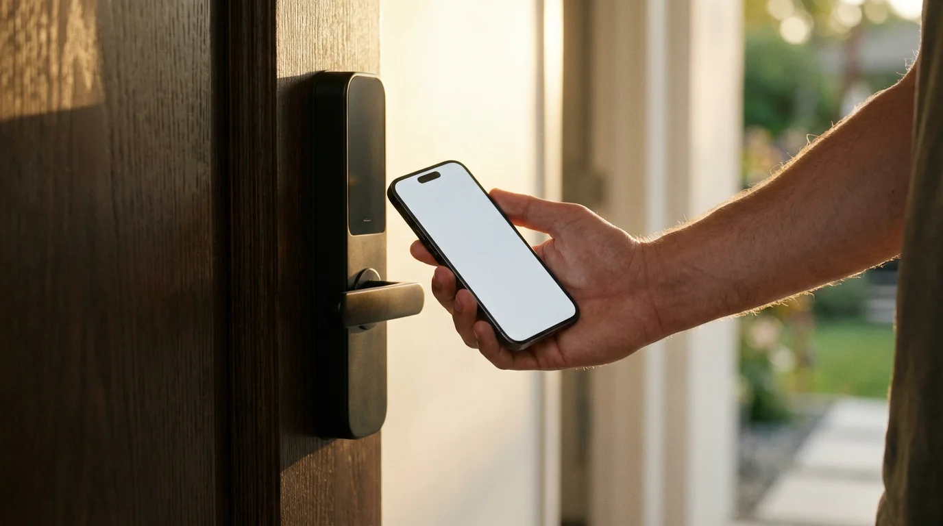 Hand holding a smartphone next to a smart lock on a front door during sunset.