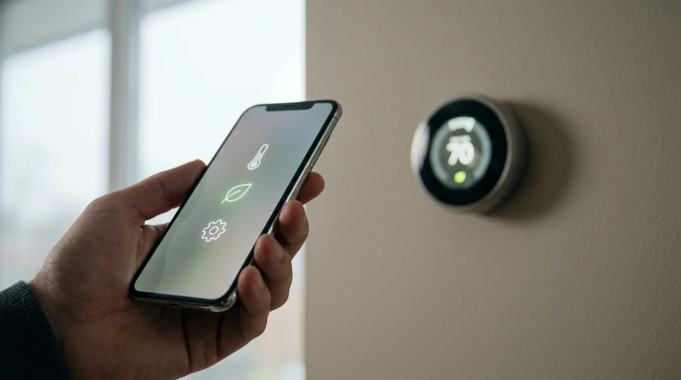 Hand holding a smartphone to configure a newly installed smart thermostat on a wall.