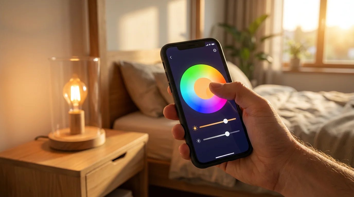 Hand holding a smartphone to control a glowing WiFi smart bulb in a bedroom.