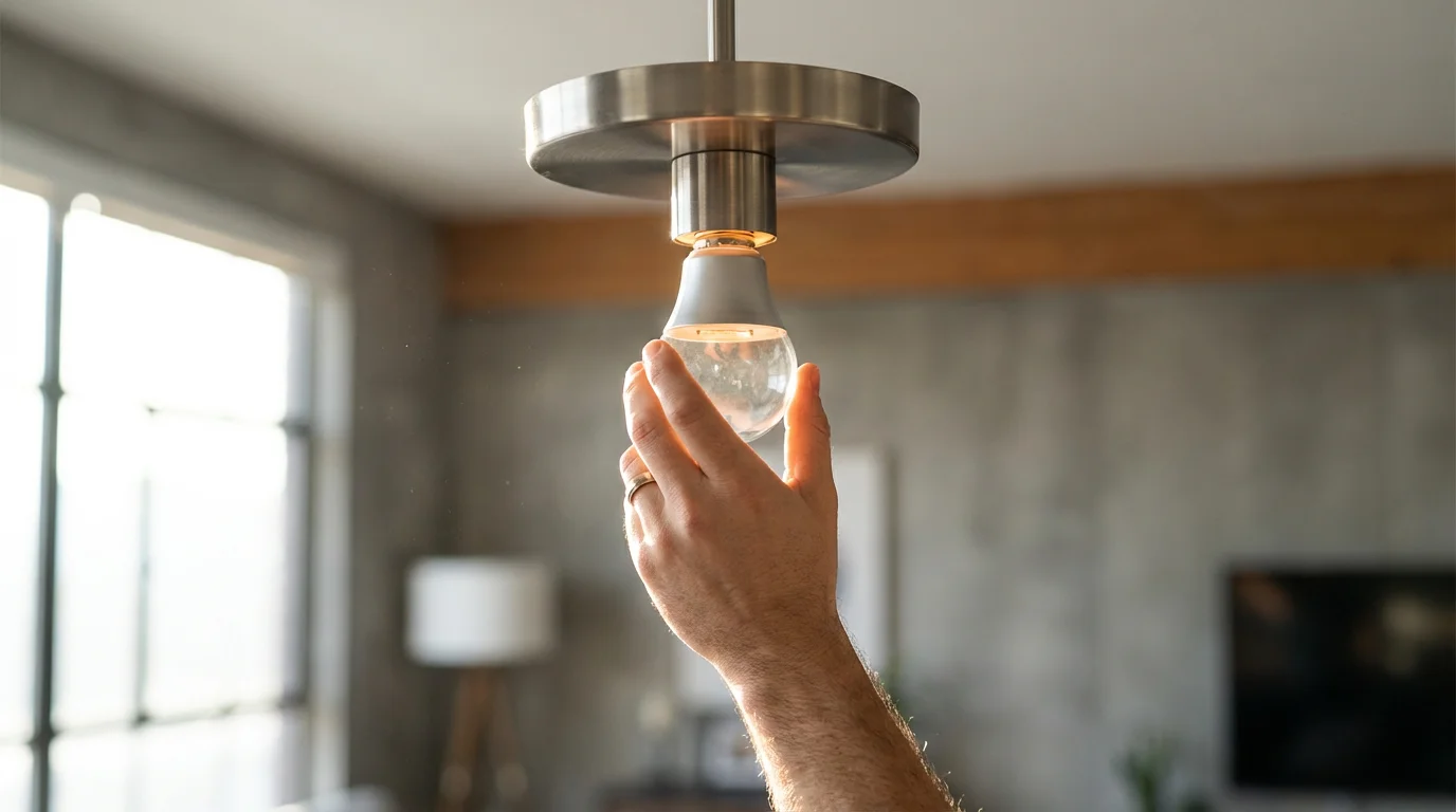 Hand installing a new energy-efficient smart LED bulb into a modern ceiling light fixture.