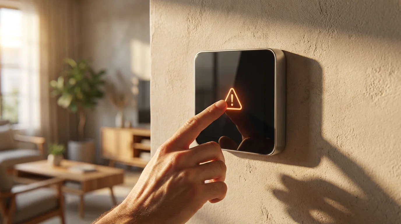 Hand troubleshooting a modern smart thermostat on a wall in late afternoon sunlight.