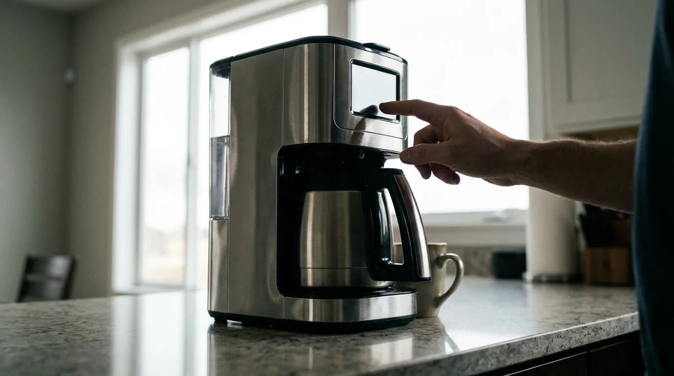 Hand troubleshooting a non-responsive smart coffee maker on a kitchen counter in soft morning light.