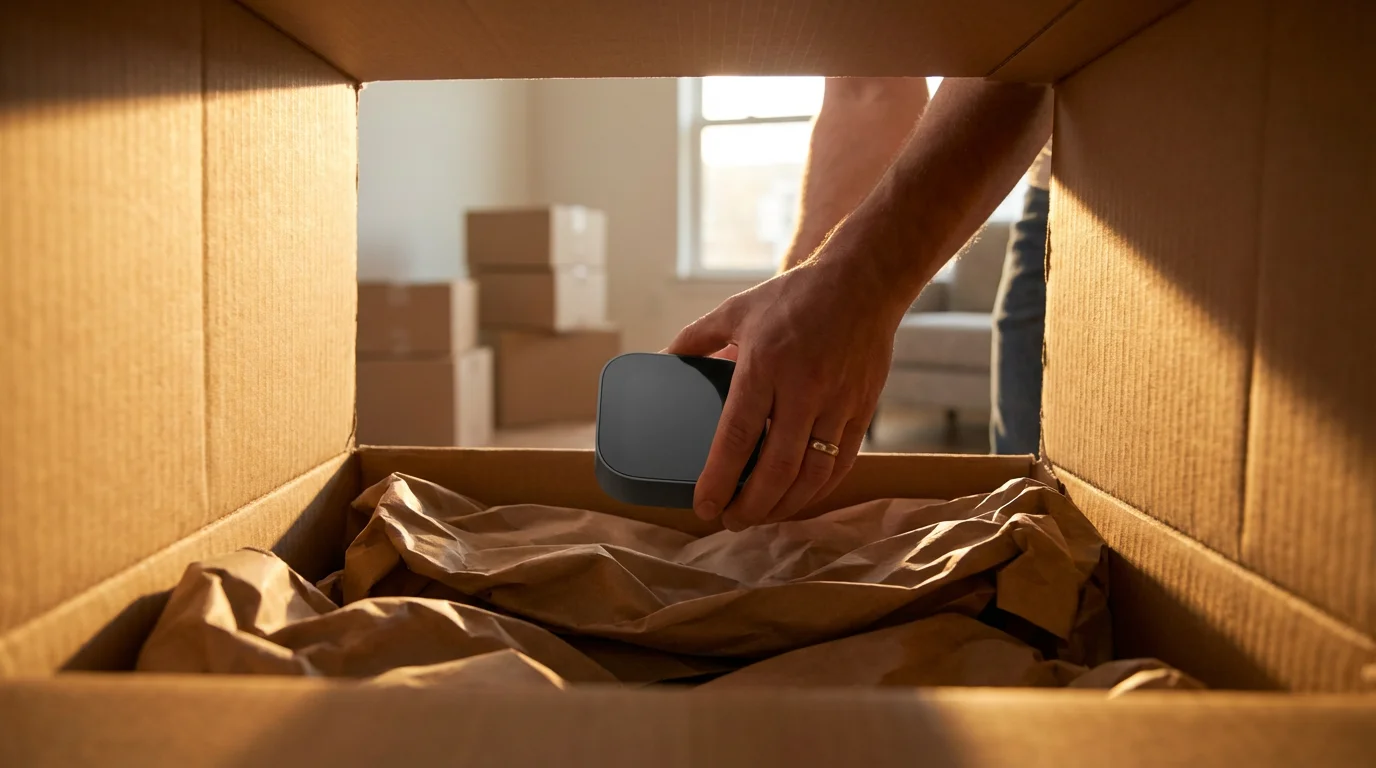 Hands carefully packing a sleek smart thermostat into a moving box in an apartment.
