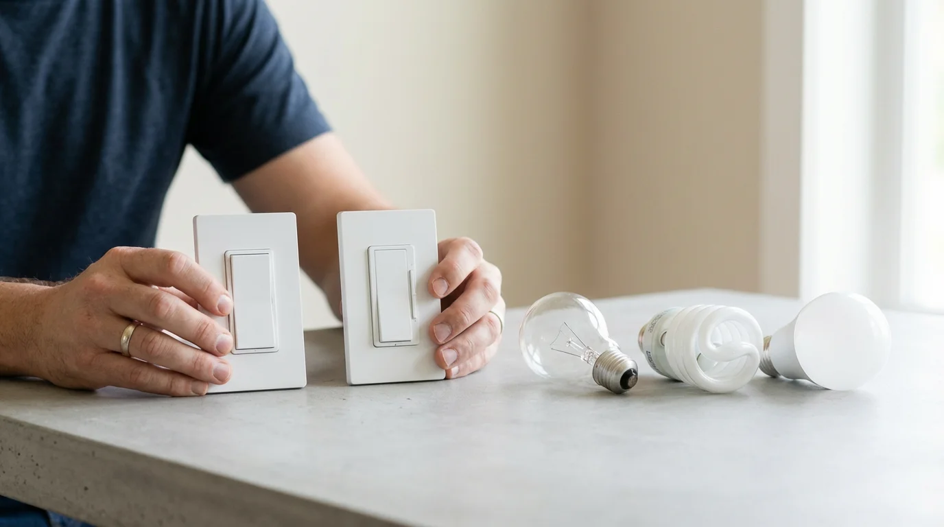 Hands comparing different smart light switches next to incandescent, CFL, and LED light bulbs.