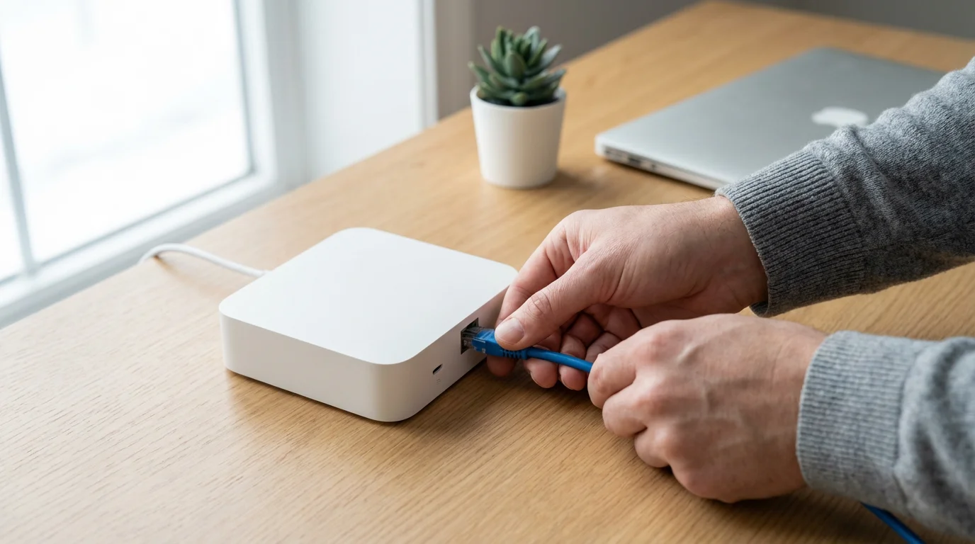 Hands plugging an ethernet cable into a white smart home hub on a desk.