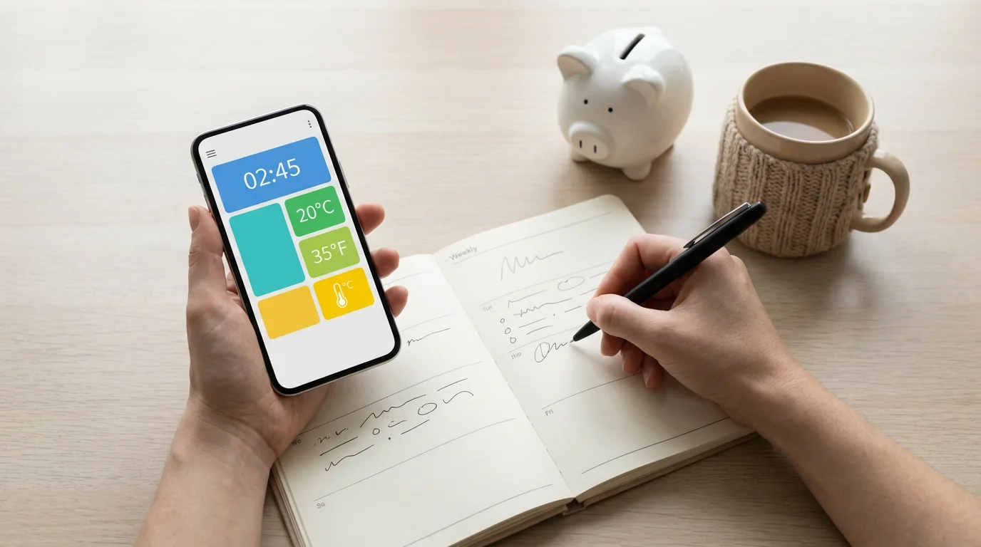 Hands scheduling a smart thermostat on a phone next to a paper planner and piggy bank.