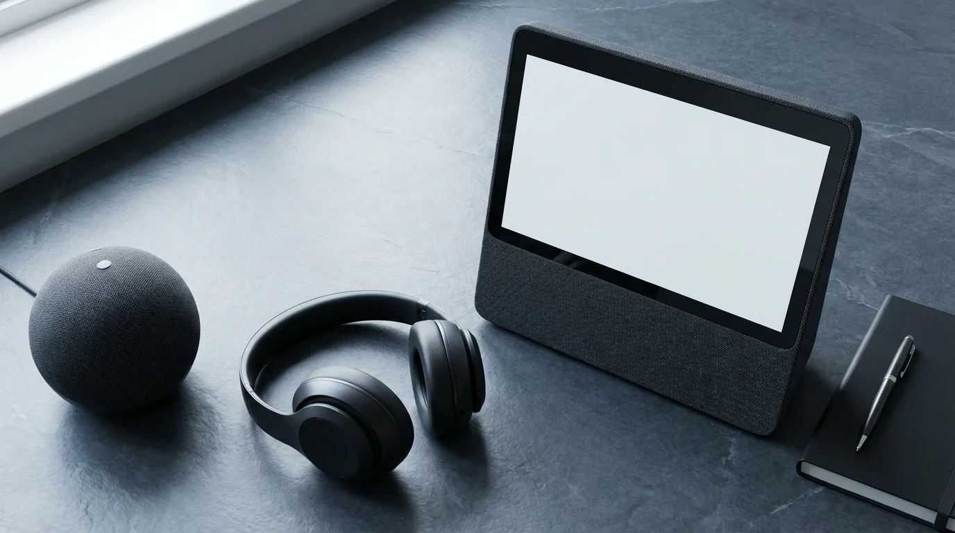 High angle flat lay of a premium smart display, spherical smart speaker, and headphones.