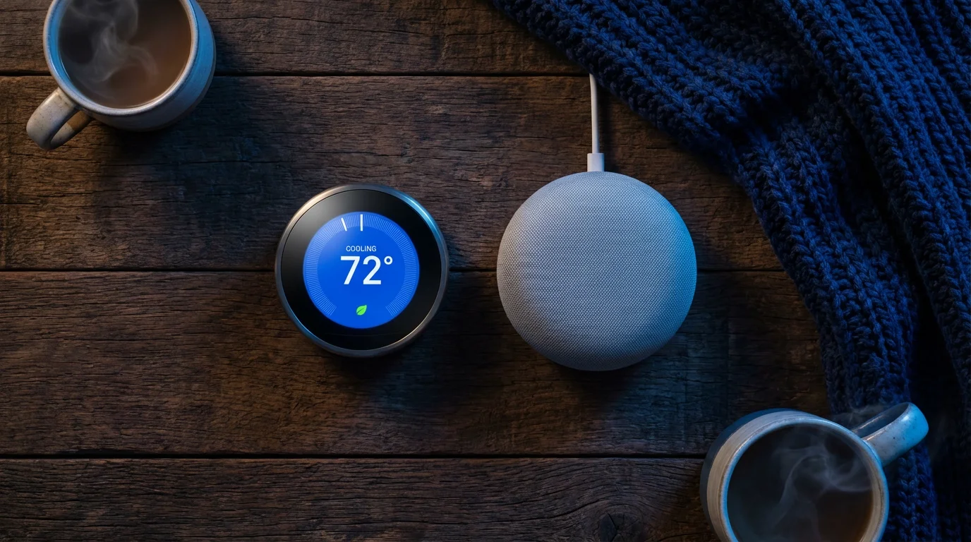 High angle flat lay of a smart thermostat, speaker, and mug at dusk.