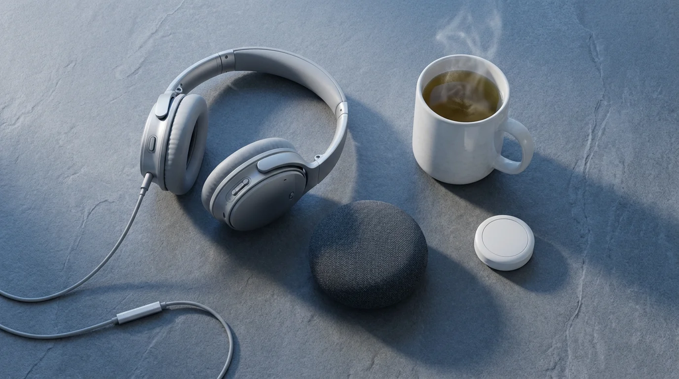 High angle flat lay of noise-canceling headphones, a smart speaker, and tea.