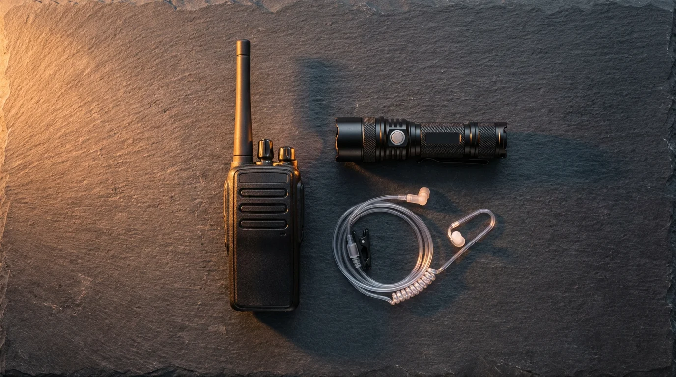High-angle flat lay of professional security equipment like a radio and flashlight at golden hour.