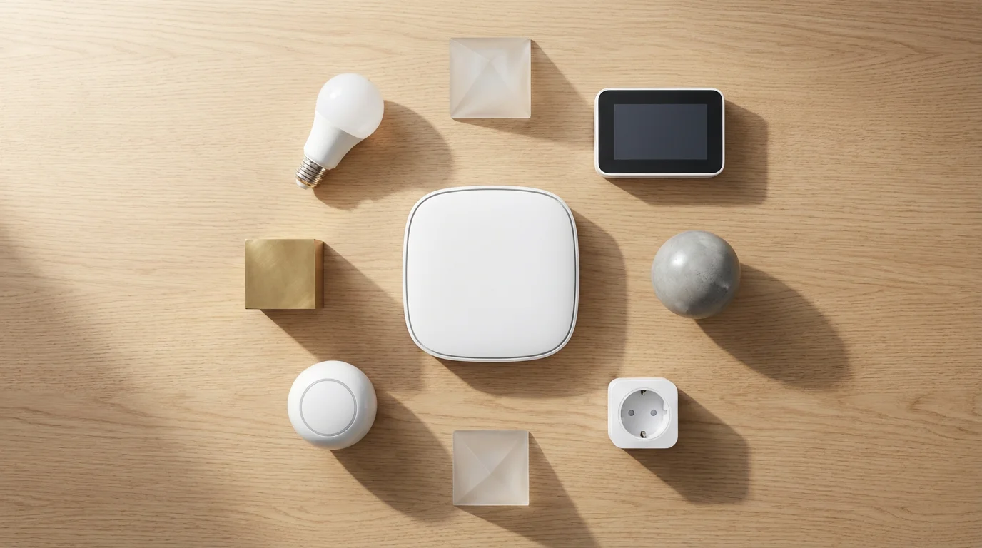 High-angle flat lay of smart home devices with abstract shapes representing connectivity standards.