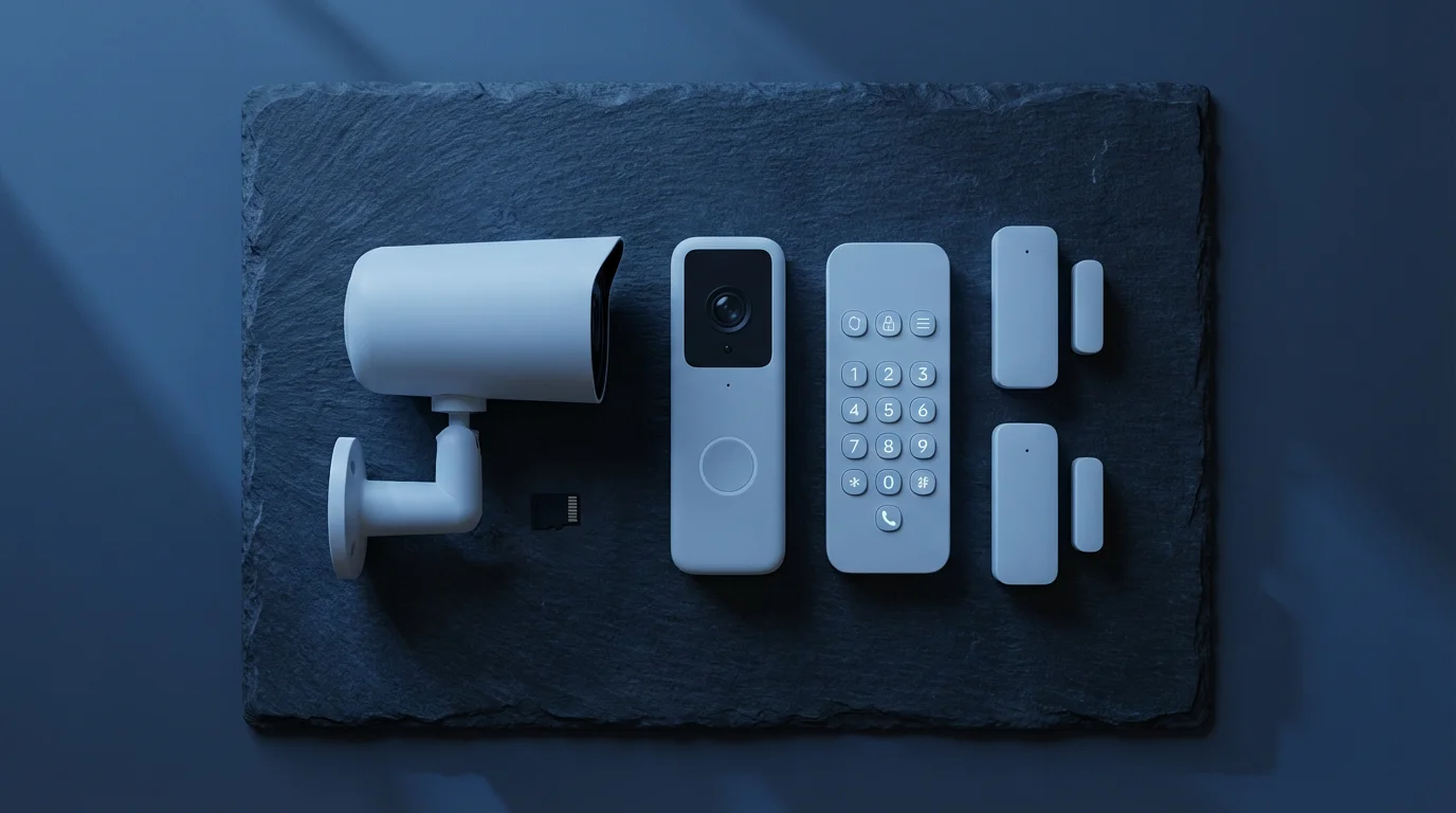 High-angle flat lay of smart security devices on a slate surface during blue hour.