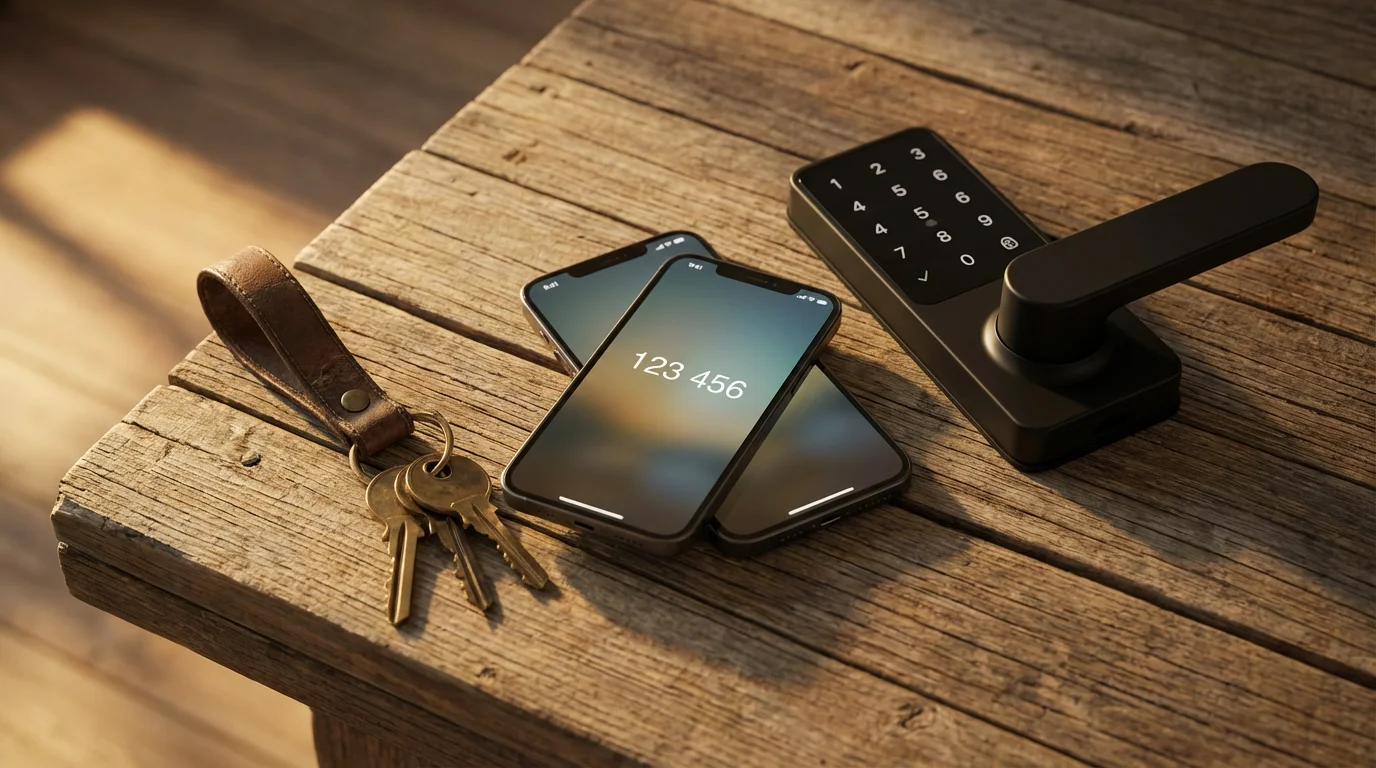 High angle flat lay of smartphone with authentication code, smart keypad, and house keys.
