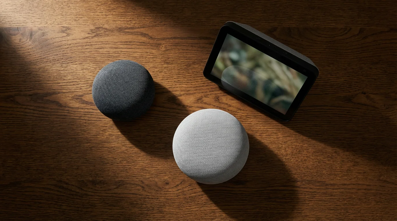 High angle flat lay of three different smart speakers on a dark wood table.