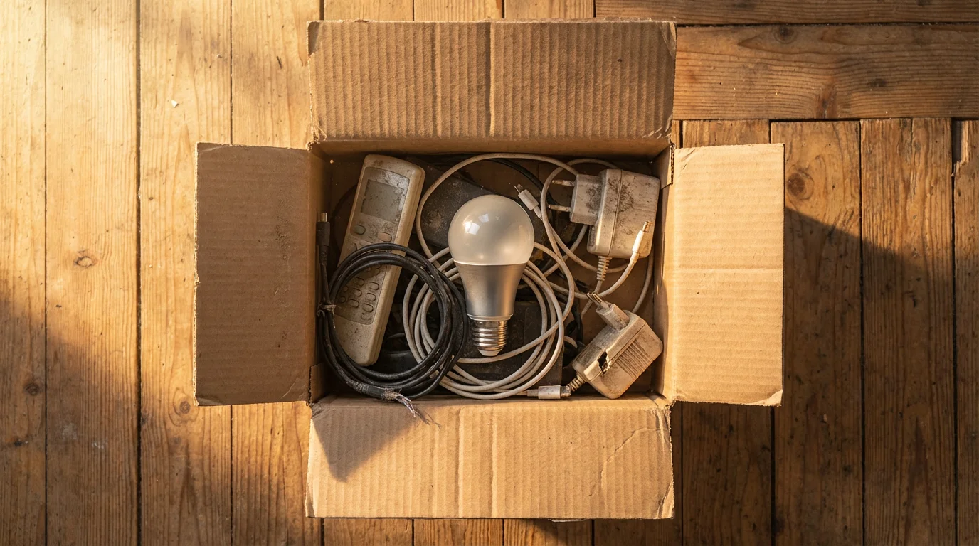 High-angle view of a discarded smart bulb in a cardboard box with old electronics.