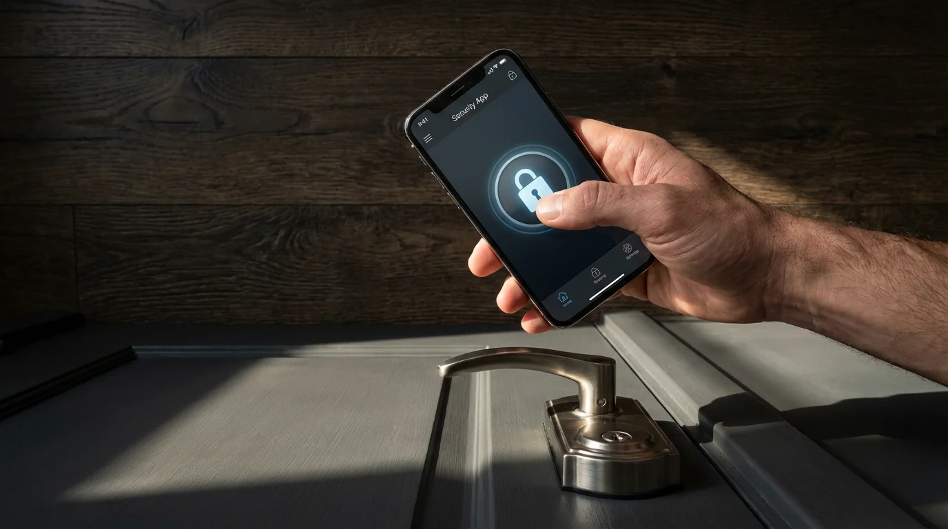 High angle view of a hand locking a smart lock with a smartphone.