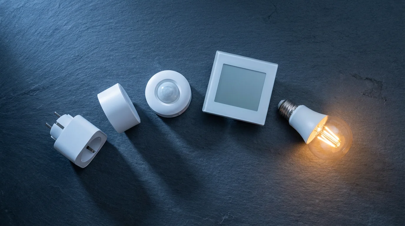 High-angle view of smart home devices arranged like dominoes, representing chained automation routines.