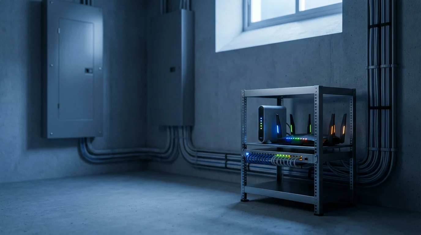 Home networking equipment and electrical panel in a modern basement utility corner at dusk.