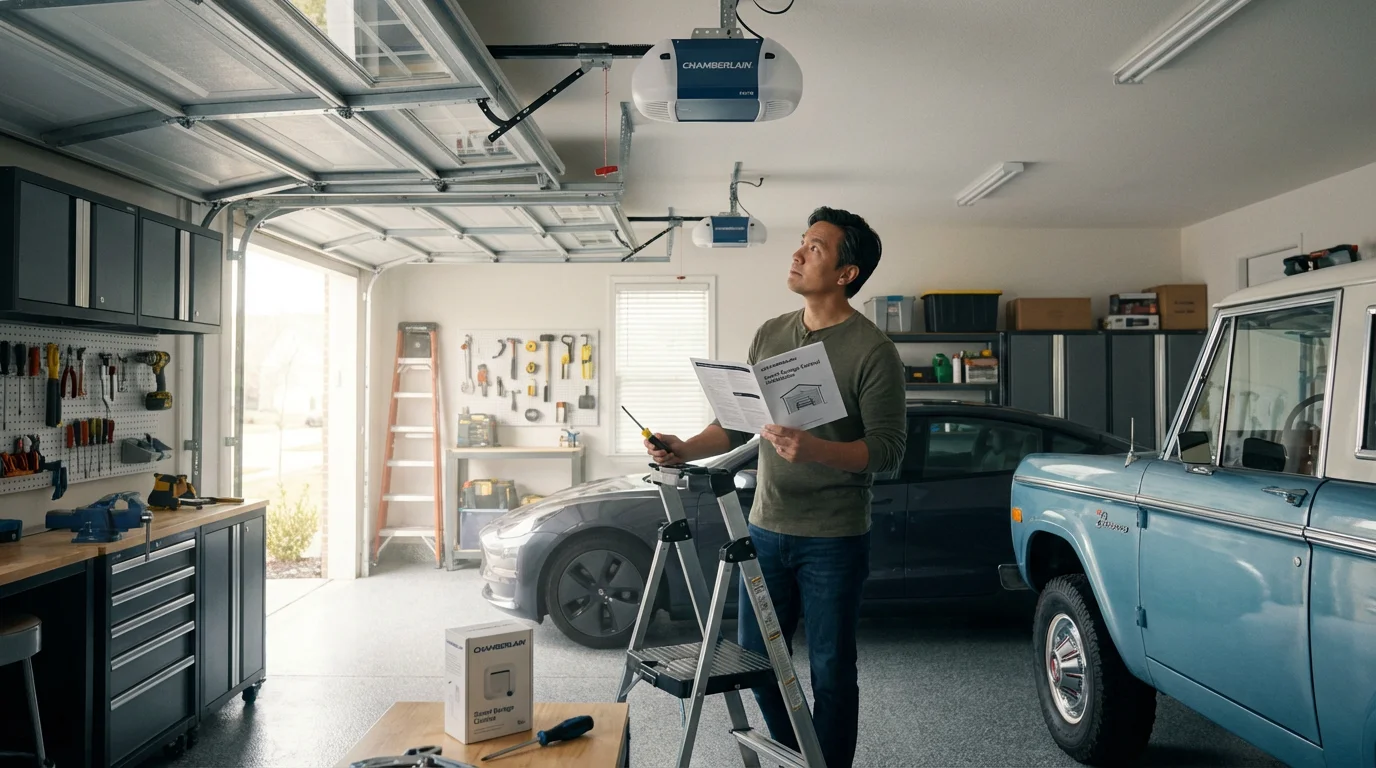 Homeowner on a ladder in a garage planning to install a smart door controller.