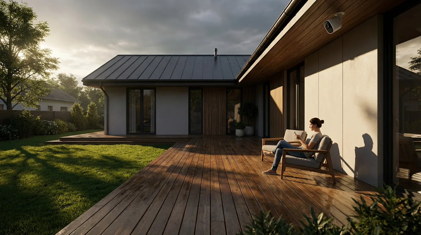 Homeowner on a patio managing their home's smart security system via a smartphone.