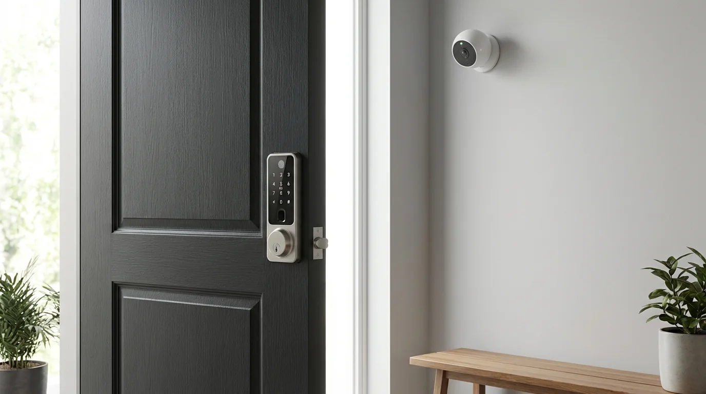 Indoor security camera and smart lock integrated in a modern home entryway with natural light.