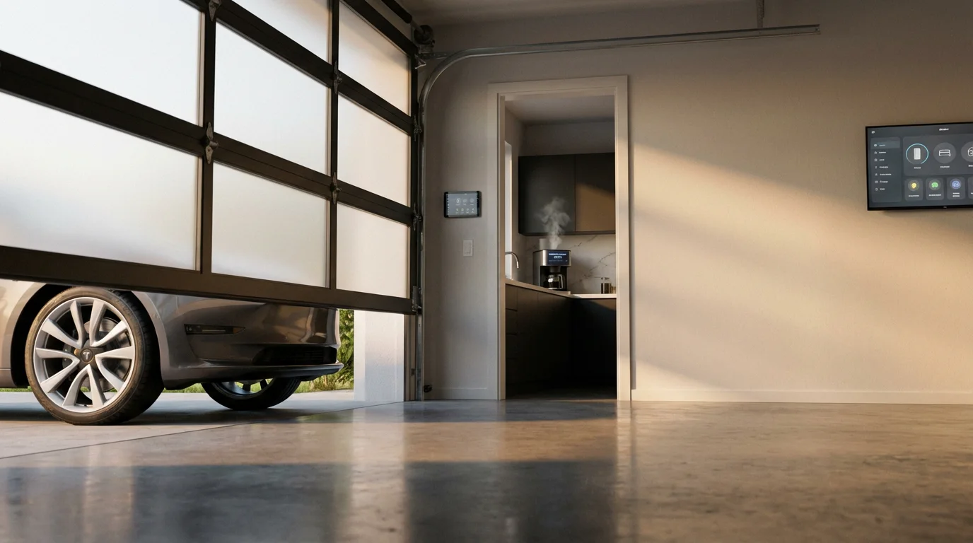 Low angle of a car entering a garage, triggering a smart coffee maker inside.