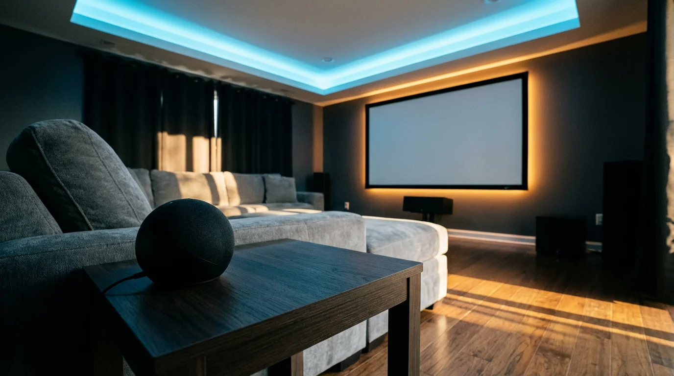 Low angle of a media room with smart speaker and automated ambient LED lighting.