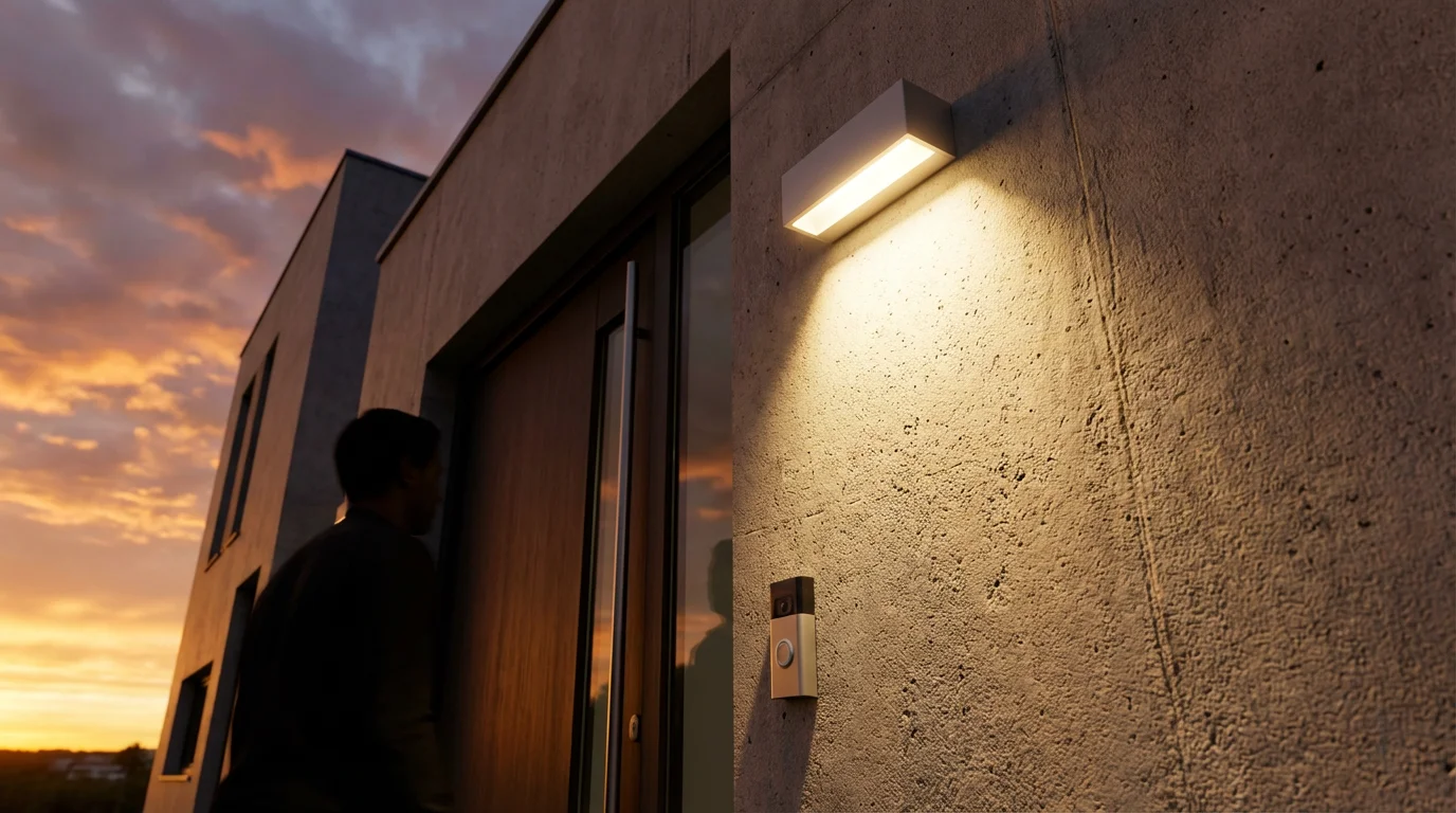 Low angle of a modern home's exterior smart light and doorbell during golden hour.
