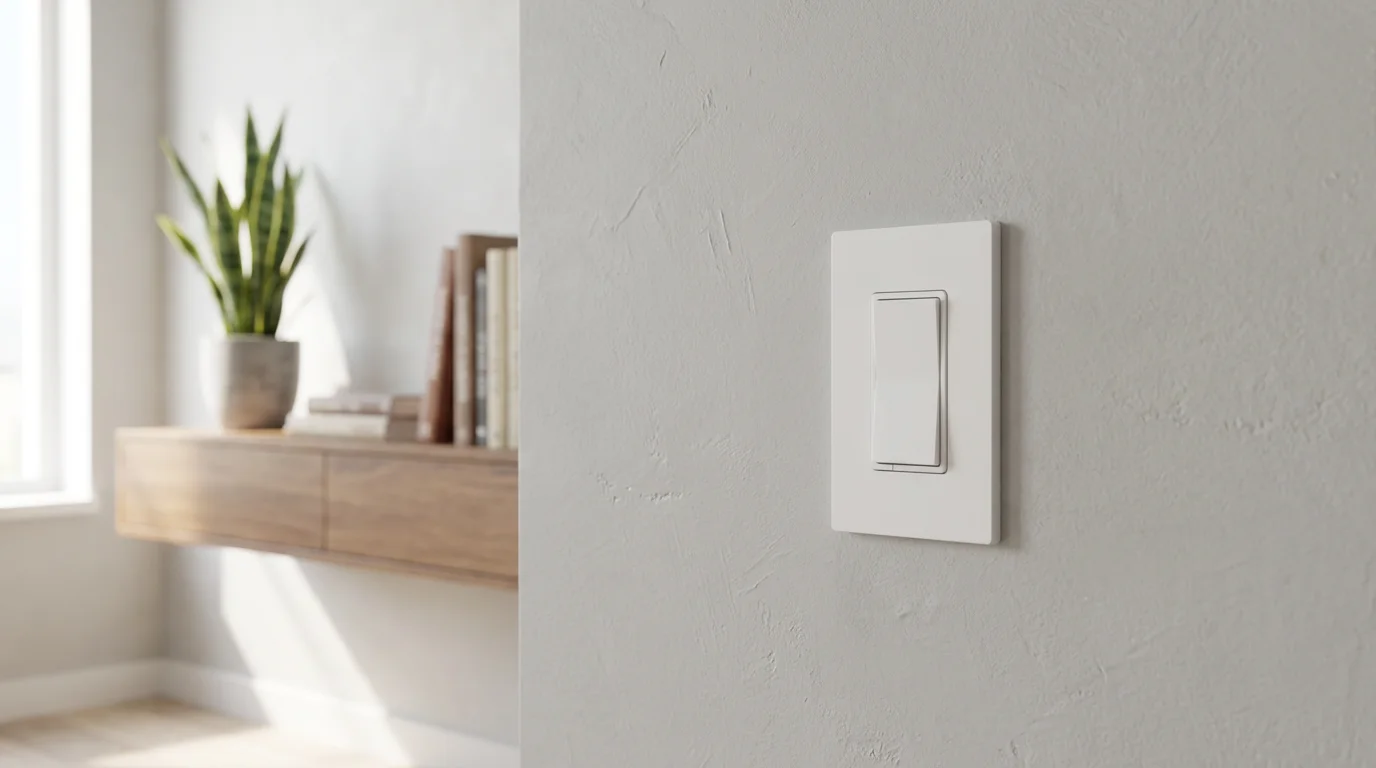 Low angle of a modern white Z-Wave smart light switch on a gray wall.