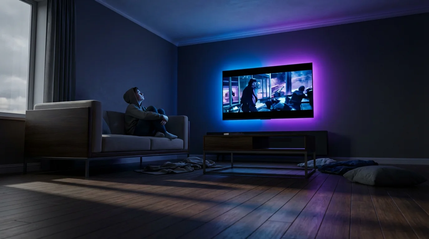 Low angle of a person watching a movie with smart lights synced to the screen.