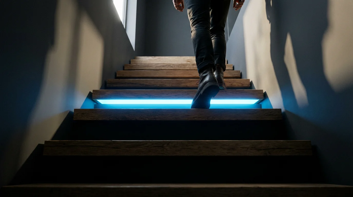 Low angle of automated smart LED strip lights illuminating a modern staircase as someone walks.