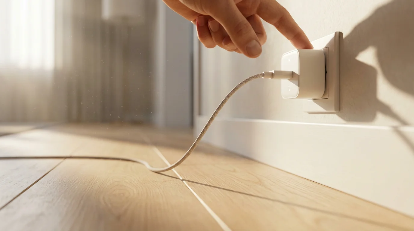 Low angle photo of a hand plugging a smart plug into a wall outlet.