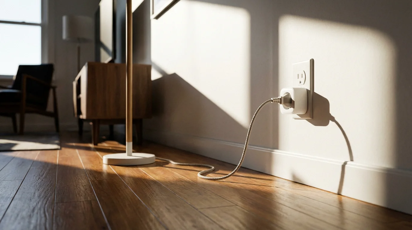 Low angle photo of a smart plug in a wall outlet casting long afternoon shadows.