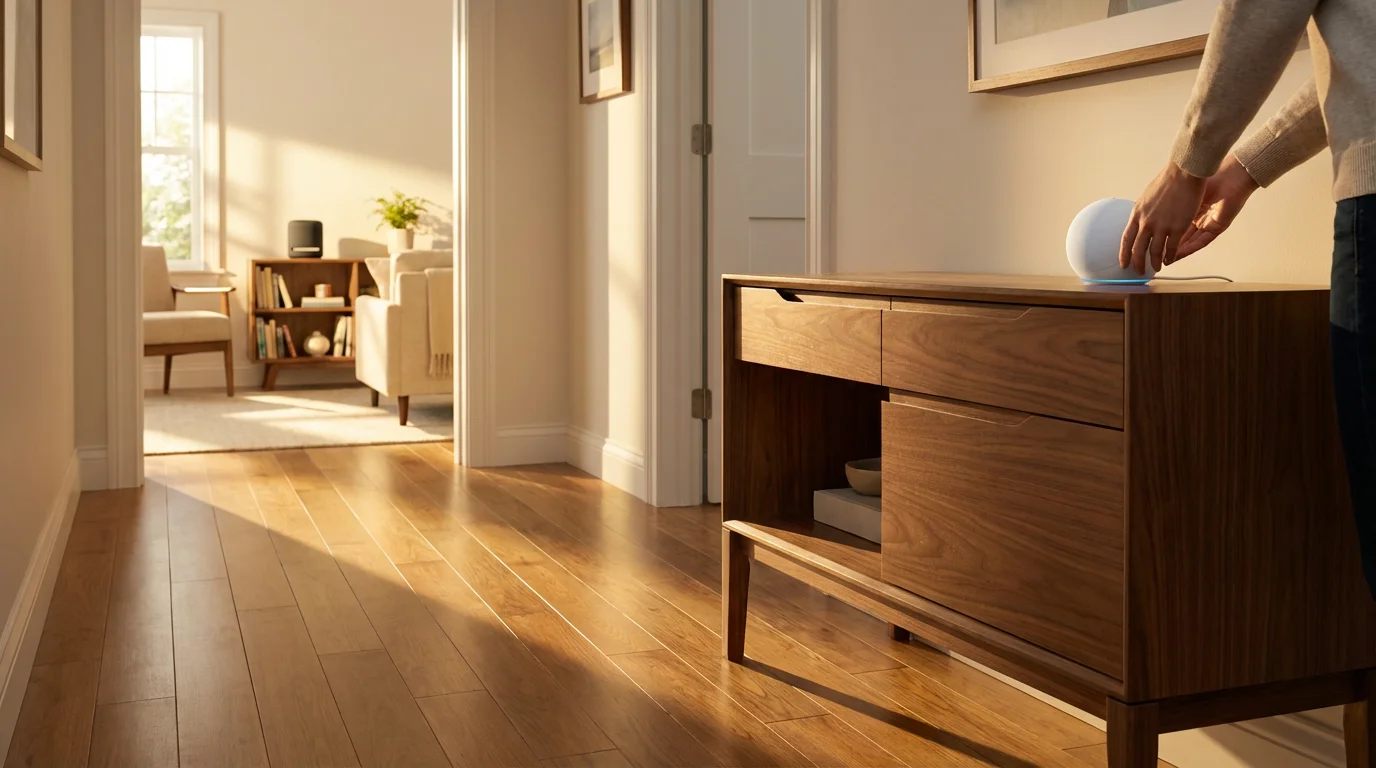 Low angle photo of an Amazon Echo Dot on a hallway console table at sunset.