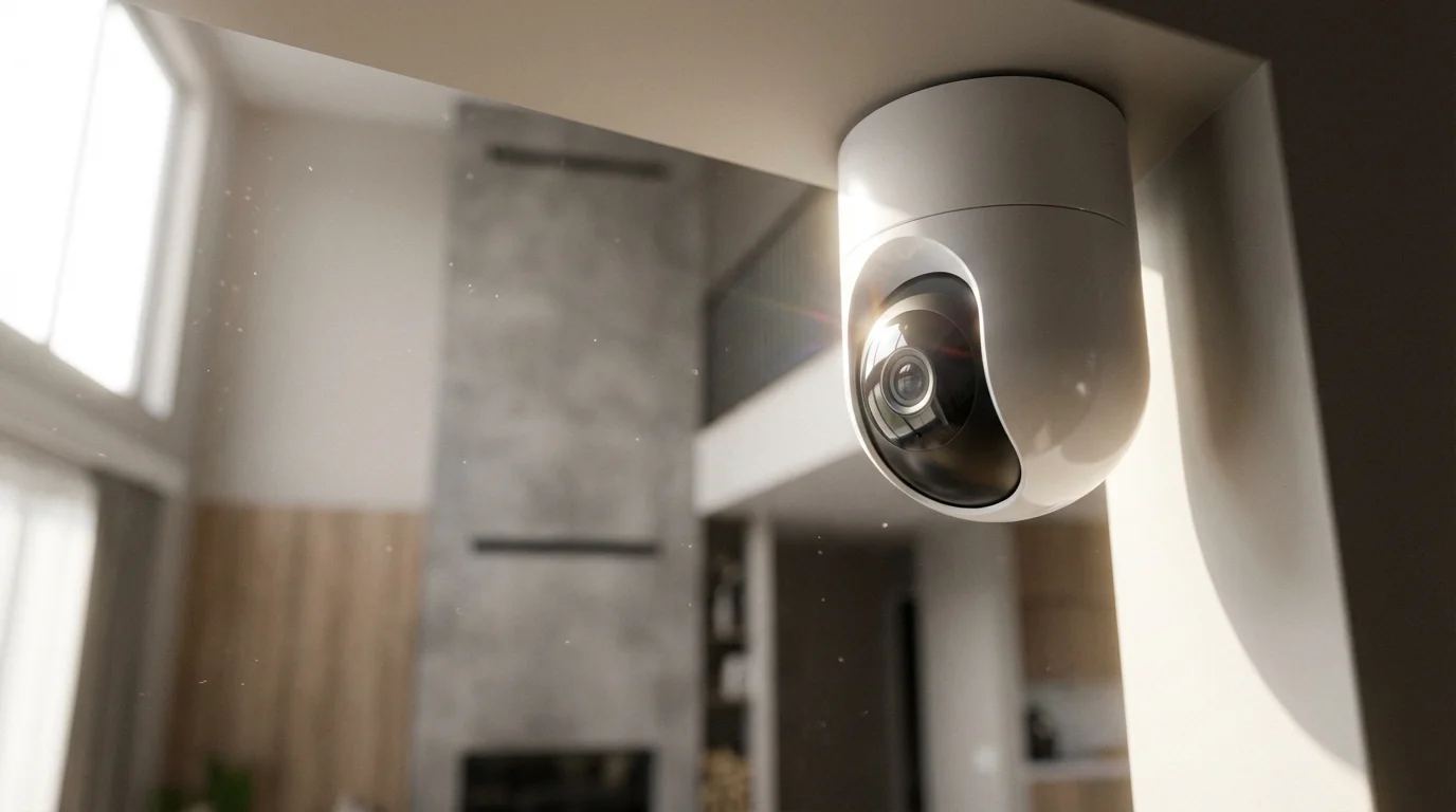 Low angle photograph of a white indoor smart security camera in a sunlit modern home.