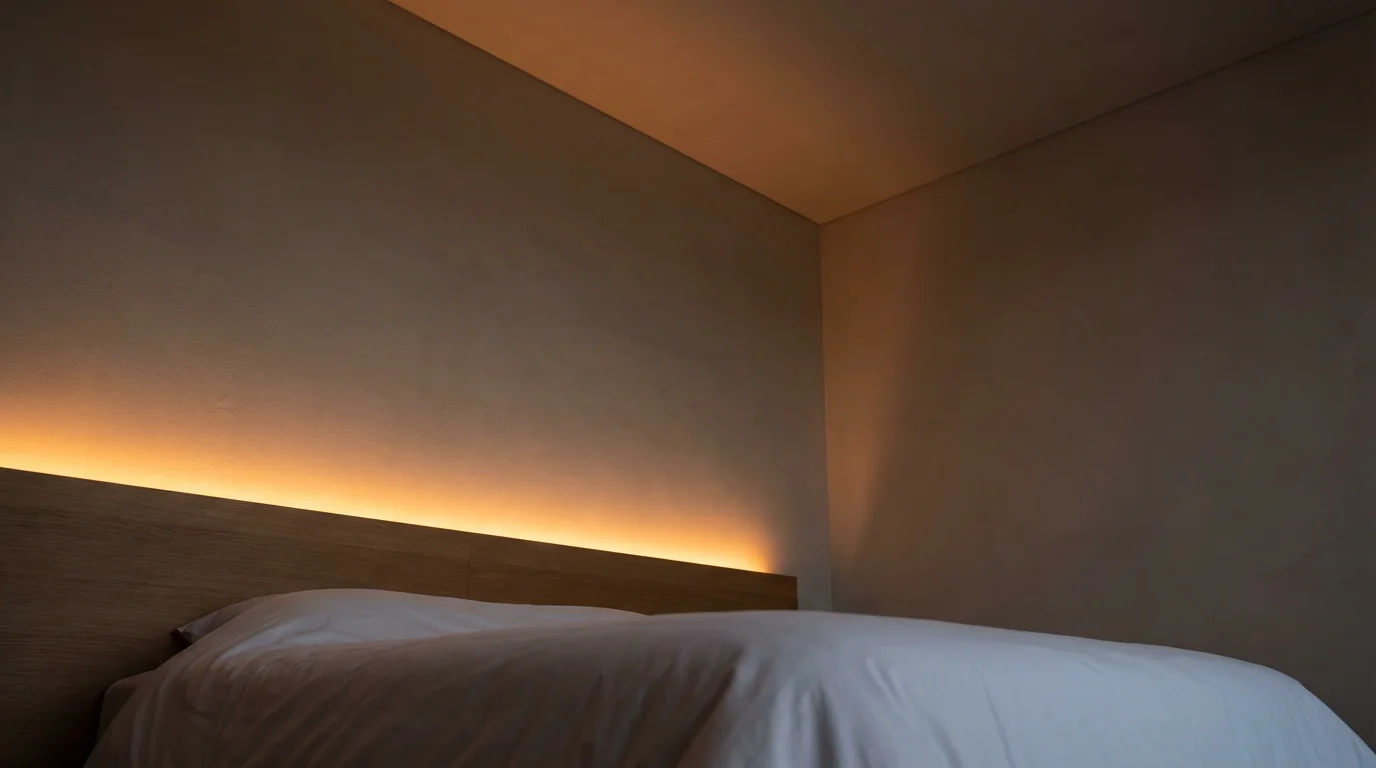 Low angle shot of a bedroom with smart LED lights simulating a gentle sunrise.