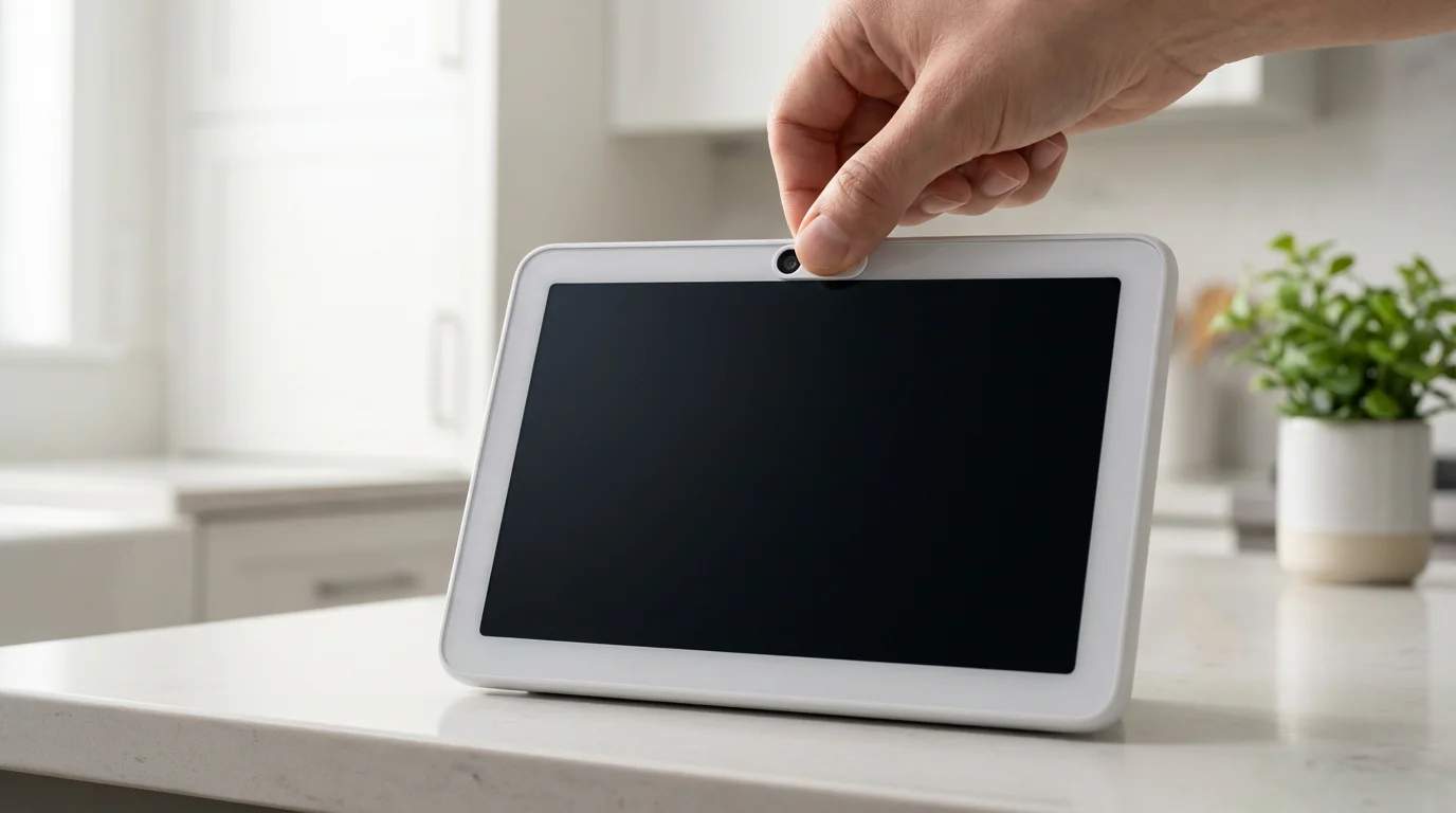 Low angle shot of a hand closing the camera privacy shutter on a smart display.