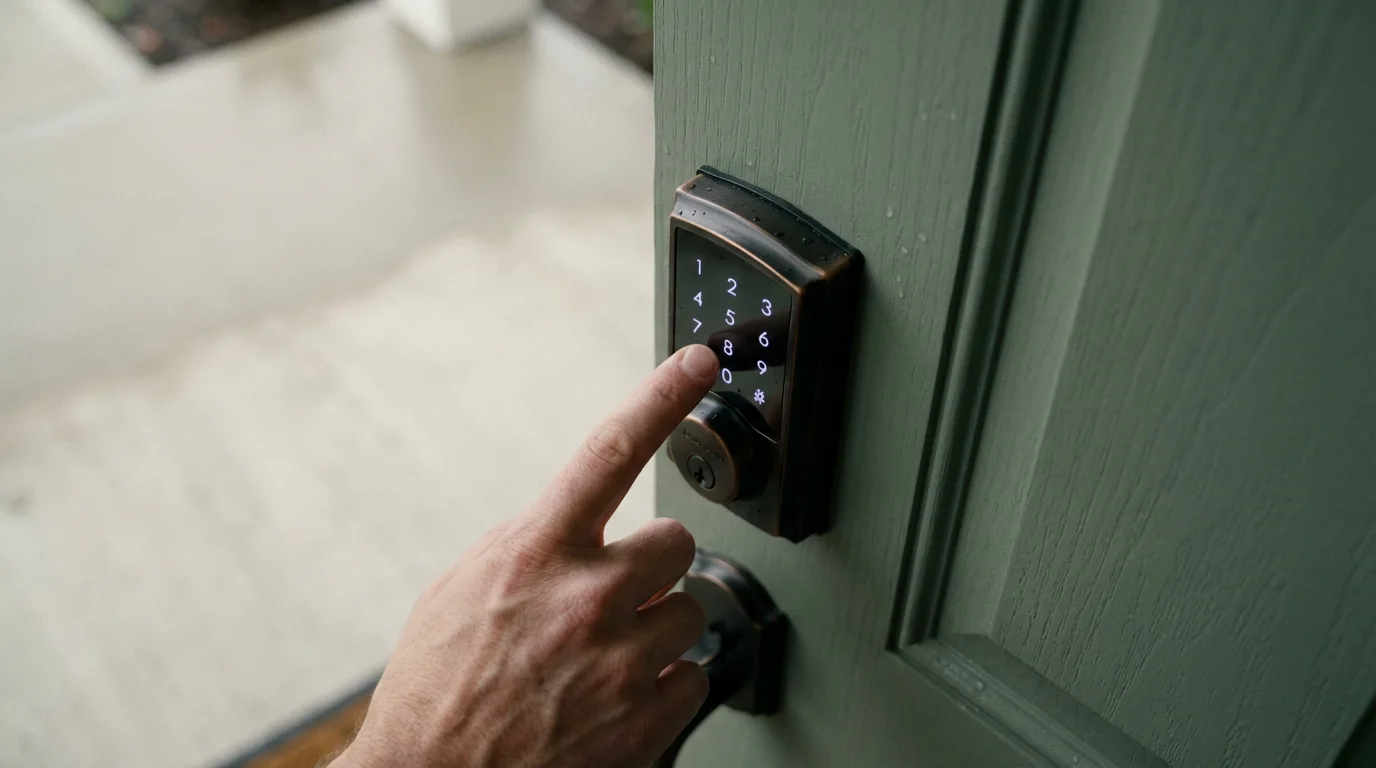 Low angle shot of a hand entering a code on a smart lock keypad.