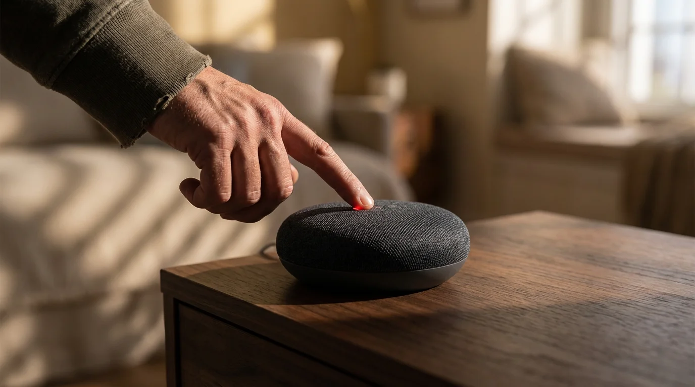 Low angle shot of a hand pressing the glowing red mute button on a smart speaker.