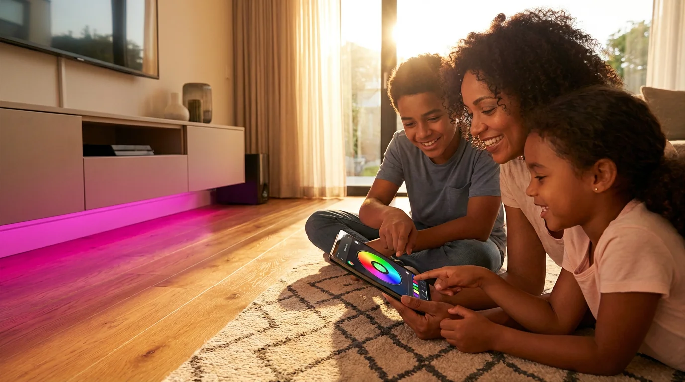 Low angle shot of a happy family collaboratively setting up smart home lighting together.