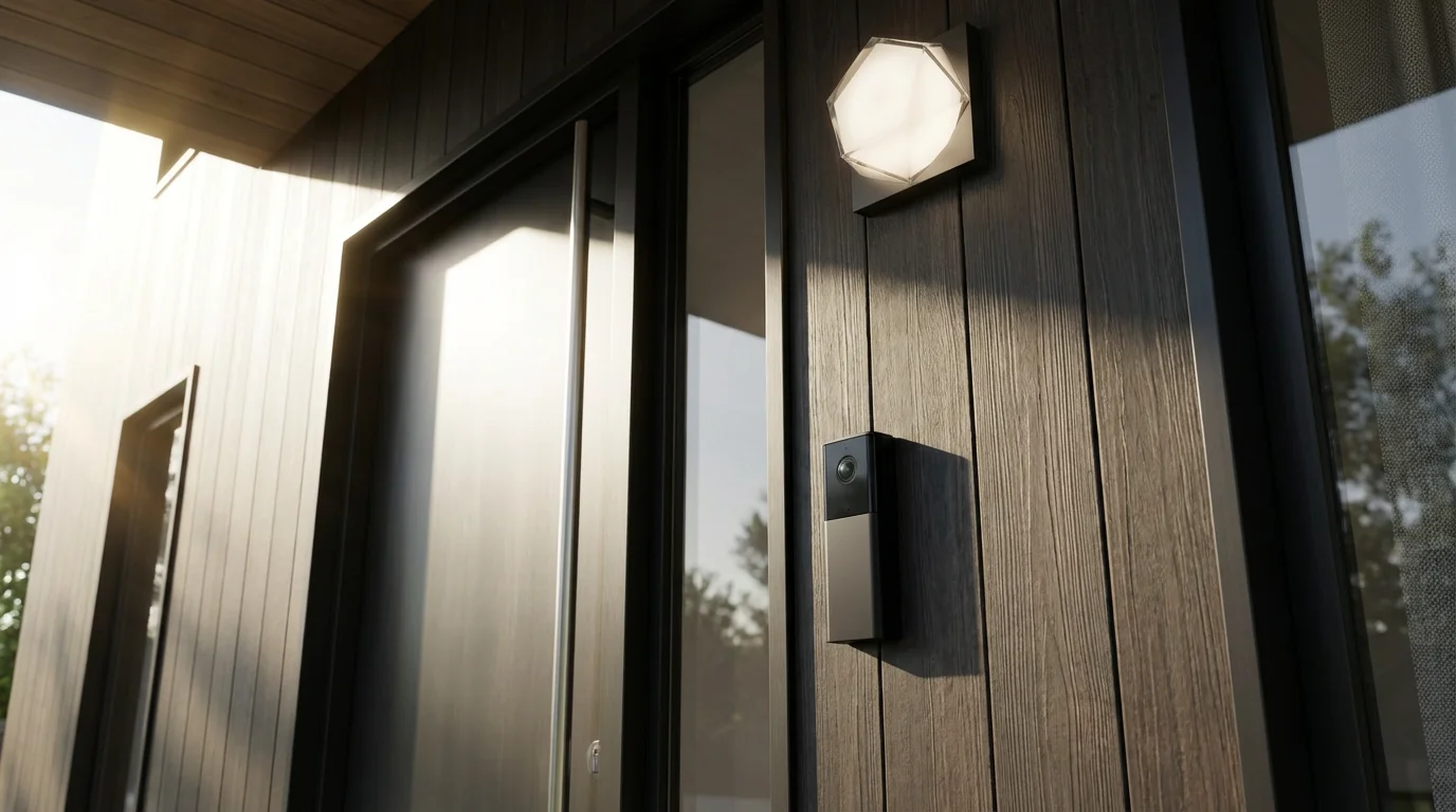Low angle shot of a modern smart doorbell and porch light on a home's exterior.