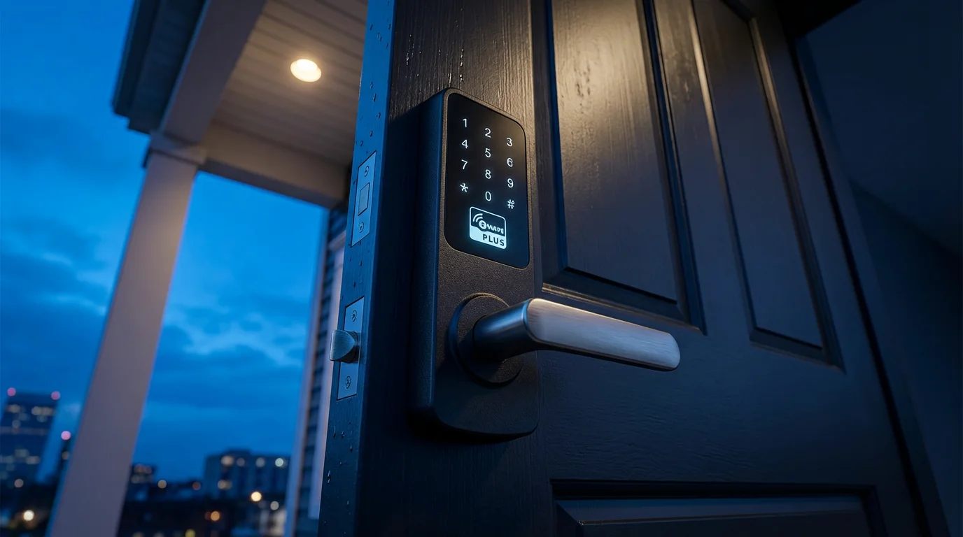 Low angle shot of a modern smart lock on a front door at twilight.