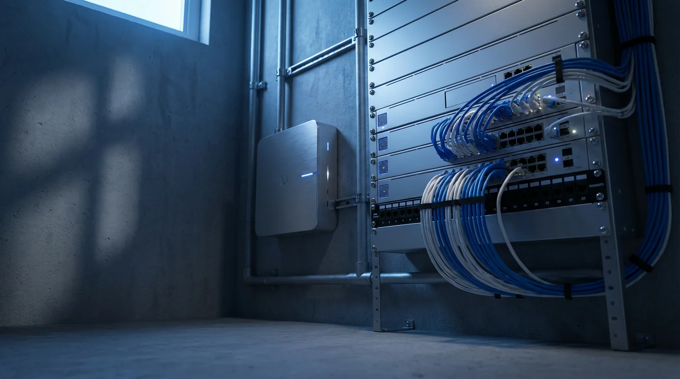 Low angle shot of a professional, organized smart home network panel during blue hour.