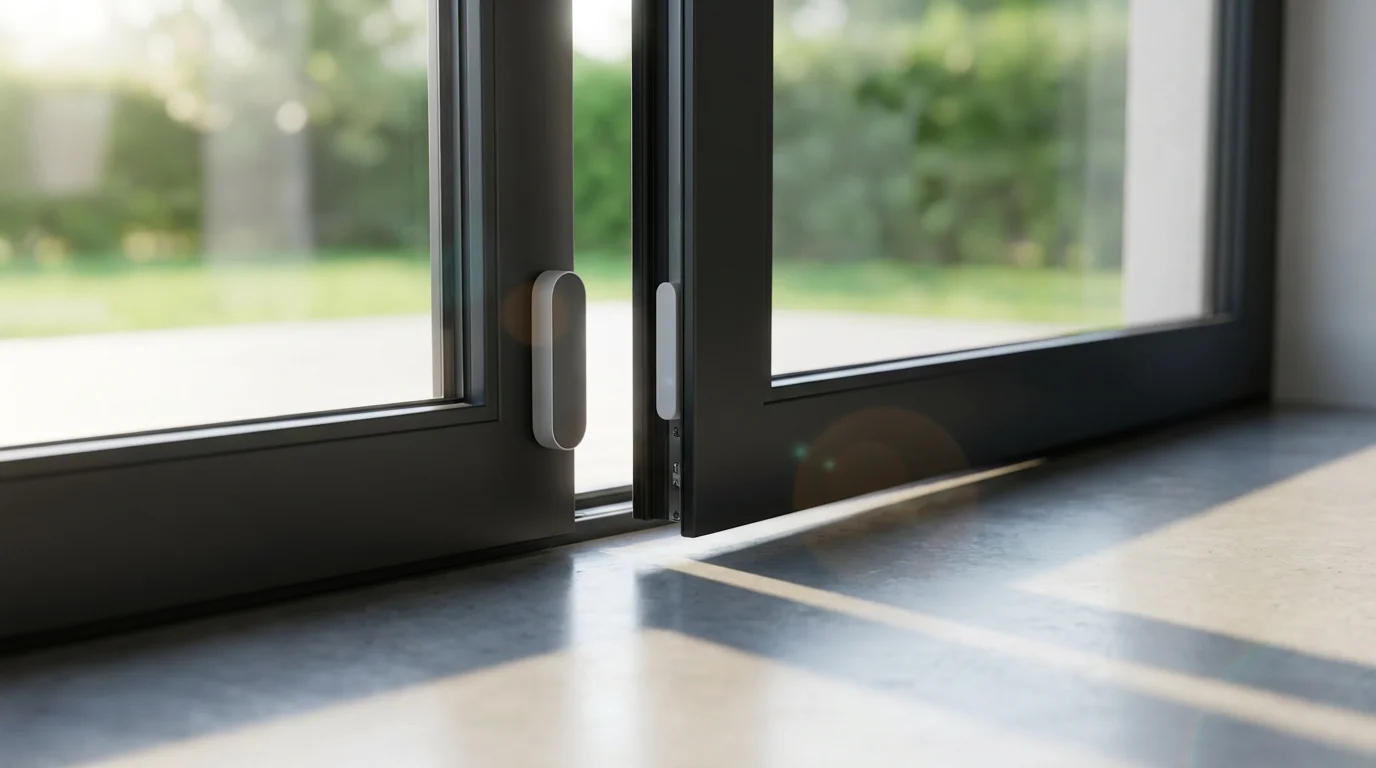 Low angle shot of a smart security sensor on a modern sliding glass door.